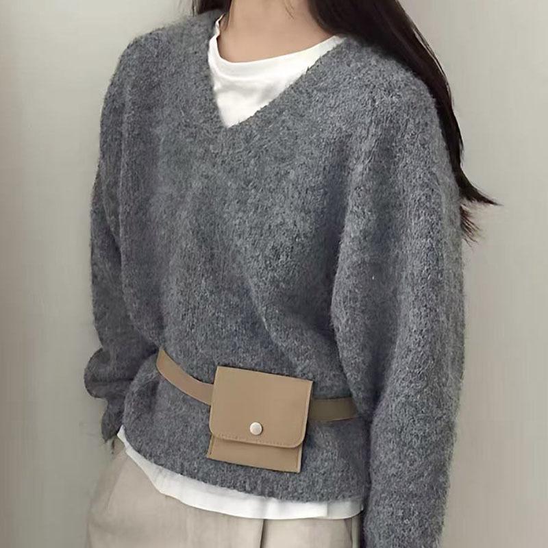 Women's V-Neck Loose Knit Pullover Sweater - Korean Autumn/Winter Style
