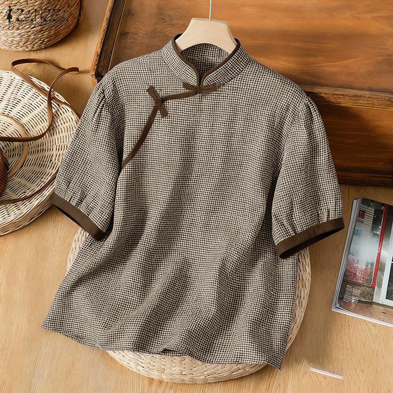 ZANZEA Women Casual Stand Collar Short Sleeve Summer Grid Print Blouse