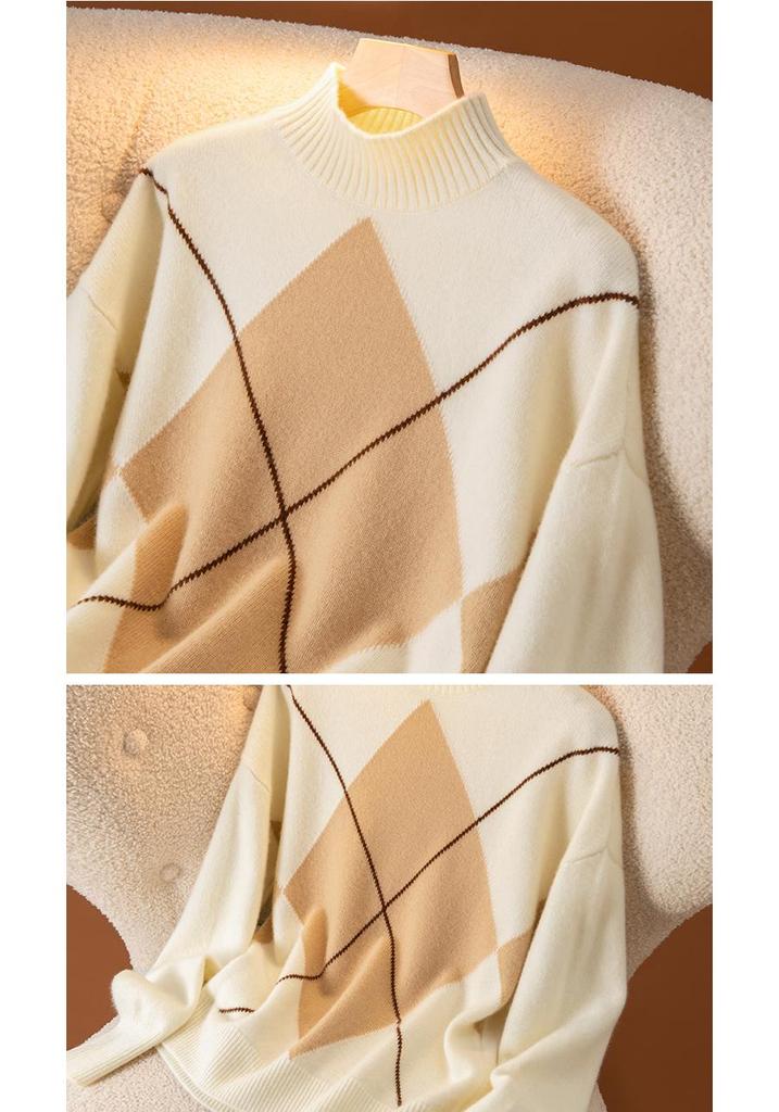 2024 Autumn Women's High Neck Diamond Pattern Wool Sweater - Stylish Versatile Knit Top