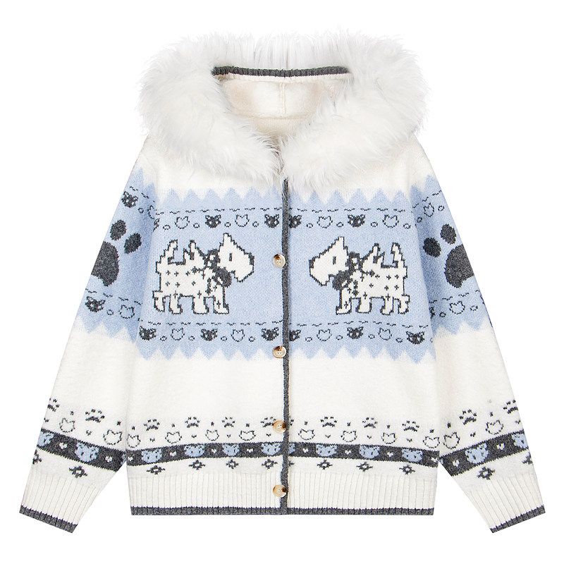 51 Hip-Hop American Retro Fur Collar Jacquard Hooded Knit Cardigan Jacket for Men, Winter Fair Isle Puppy Sweater for Women