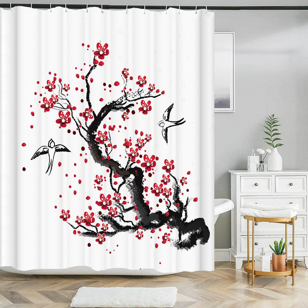 Japanese-Style Flowers Plum Blossom Shower Curtains Bathroom Curtain Frabic Waterproof Polyester Bath Curtain With Hooks