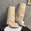 Fashion Women Chunky High Boots Pointed Toe Boots Fashion Leather Punk Chelsea Boots New Designer Pumps Knee High Woman Boot Botas Mujer