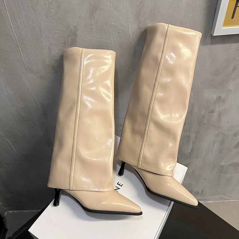 Fashion Women Chunky High Boots Pointed Toe Boots Fashion Leather Punk Chelsea Boots New Designer Pumps Knee High Woman Boot Botas Mujer