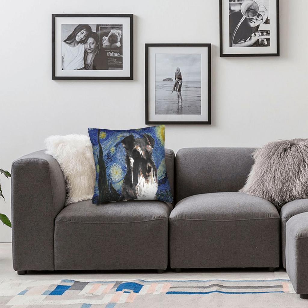 Mini Schnauzer Dog Van Gogh Starry Night Pillowcase Polyester Cushion Cover Decorations Pillow Case Cover Sofa Square 45*45cm