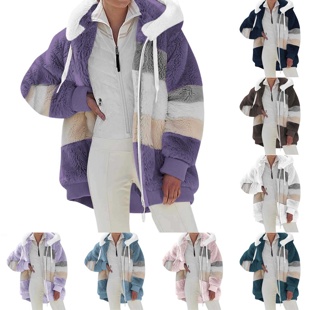 Women's Fashionable Plush Patchwork Zipper Pocket Hooded Long Sleeved Loose Warm Jacket