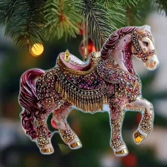 Horse Christmas Ornaments Glitter Rhinestone Horse Christmas Tree Hanging Ornament 2D Flat Acrylic Car Rear View Mirror Charm for Holiday Home Decor