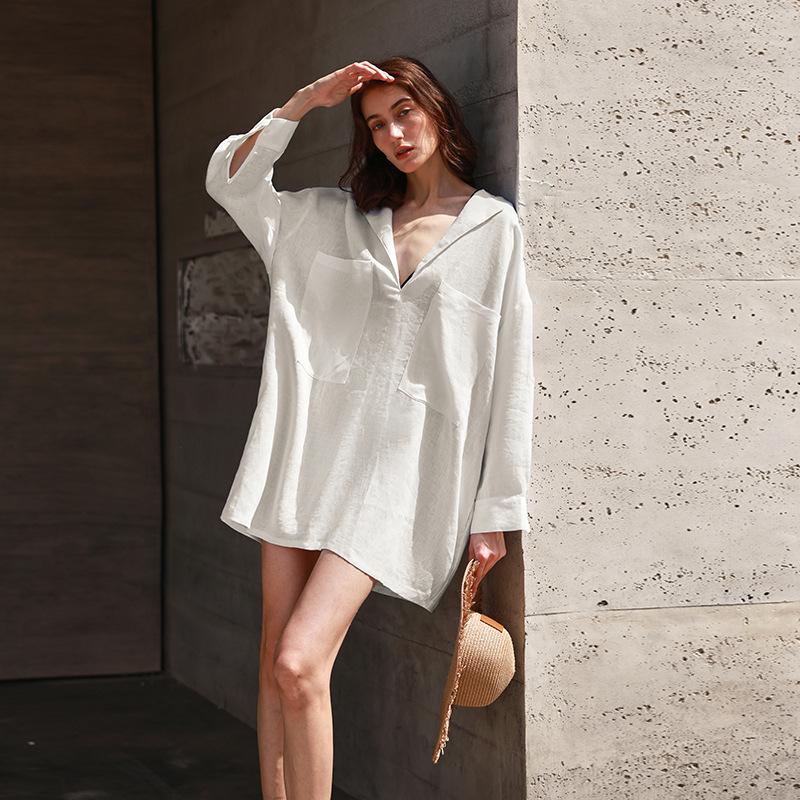 Old Money Wind Pure Linen Long Sleeve Dress Vacation Deep V-Neck Loose Silhouette Shirt Skirt