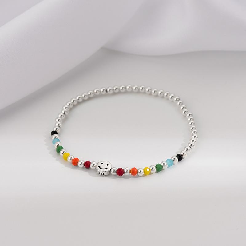 S925 Silver Rainbow Beaded Bracelet for Girls Summer Ins Niche Design Colorful Bear Smiley Hand Jewelry