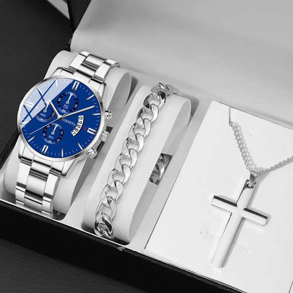 Watch 3-Piece Set Watch Bracelet Necklace Men S Watch Steel Belt Watch Quartz Watch серебряный