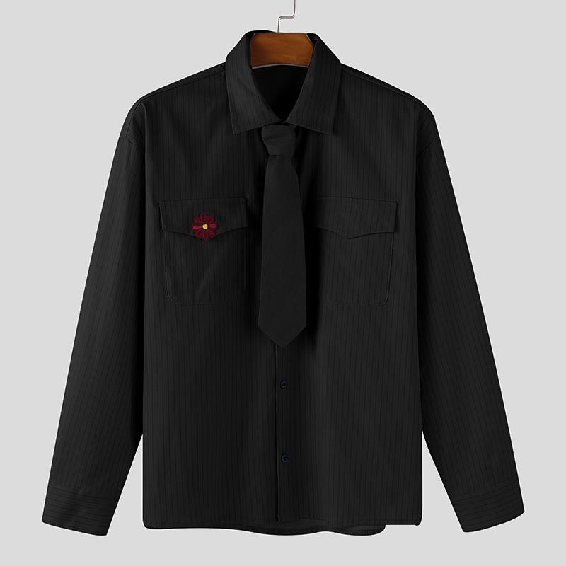 INCERUN Oversized Men Lapel Neck Tie Up Long Sleeve Buttons Embroidery Casual Striped Shirts