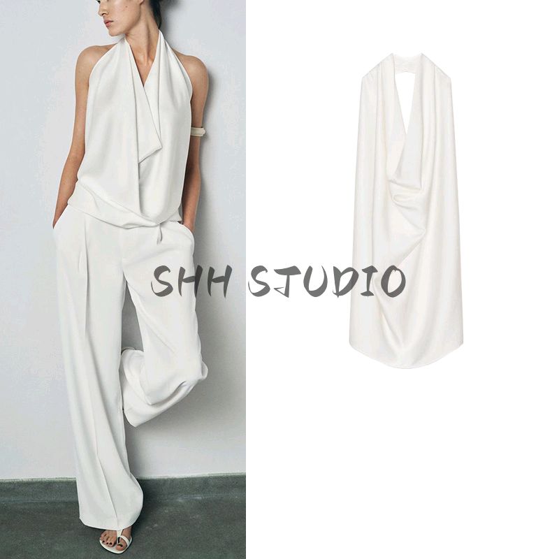 Spring New Women's Clothing Elegant Elegance White Circular Lower Hem Open Back Hanging Collar Tops 2649074