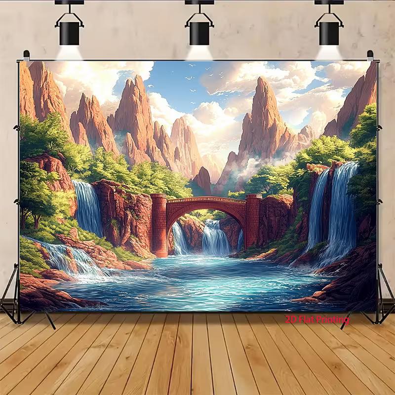 2D Mountain Waterfall Bridge Backdrop, Nature Landscape Photography Background