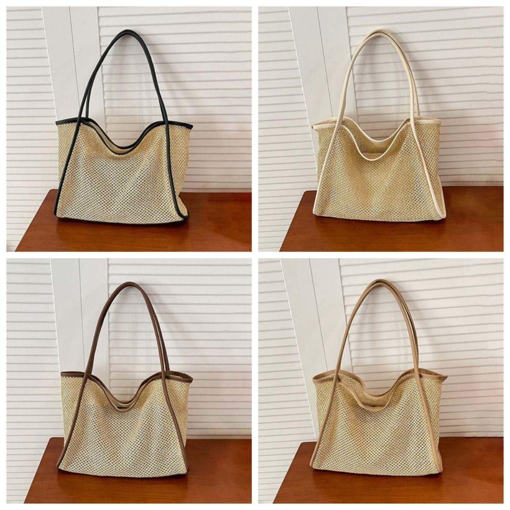 Large Capacity Beach Hollow Composite Tote Lightweight Leather Small Pouch Straw Woven Shoulder Bag Solid Color Polyester