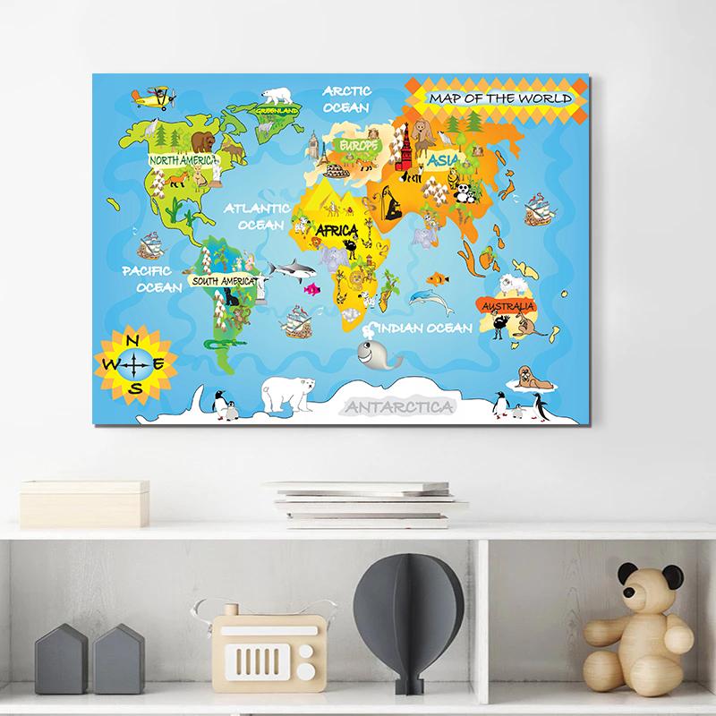 Mappa del mondo dei cartoni animati Pittura su tela Decorazioni per la camera dei bambini Poster e stampe Decorazioni per l'aula Immagini di arte della parete Decorazioni per la casa