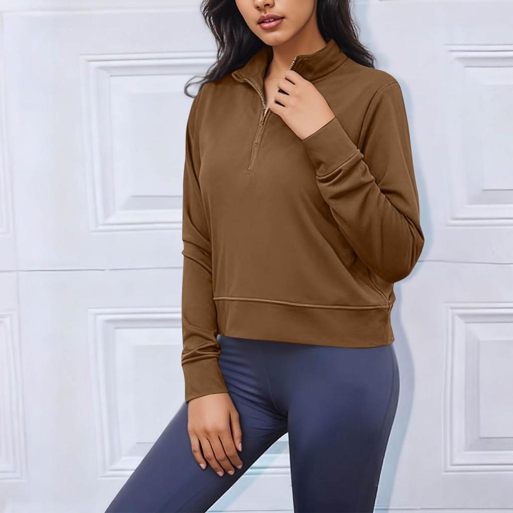 Women's Quarter Zip Pullover Sweatshirt Loose Fit Casual Solid Color Long Sleeve Sweatshirt with Ribbed Cuffs and Hem
