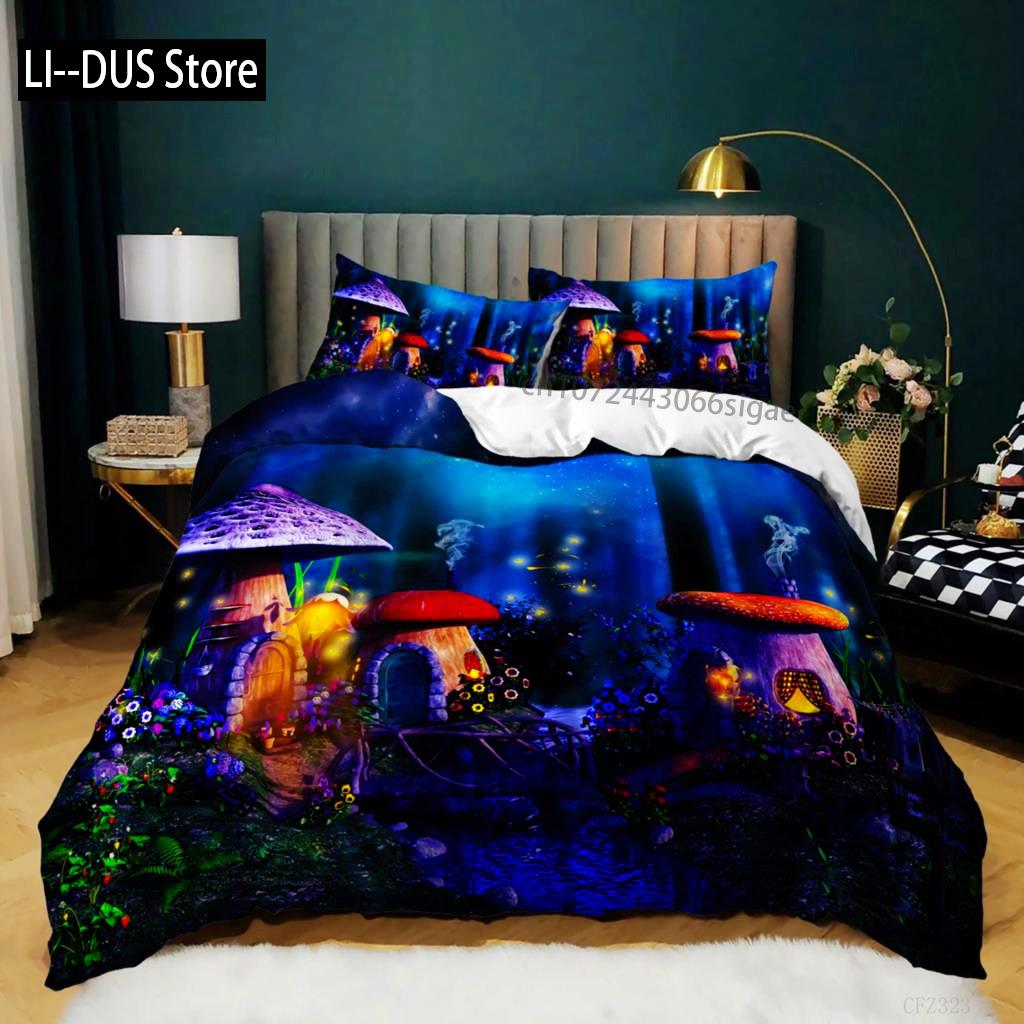 Mushroom Duvet Cover Set Queen Size Microfiber Mushrooms Ornate Doodles With Swirls Eyes Psychedelic Botany Bdding Set For Teens