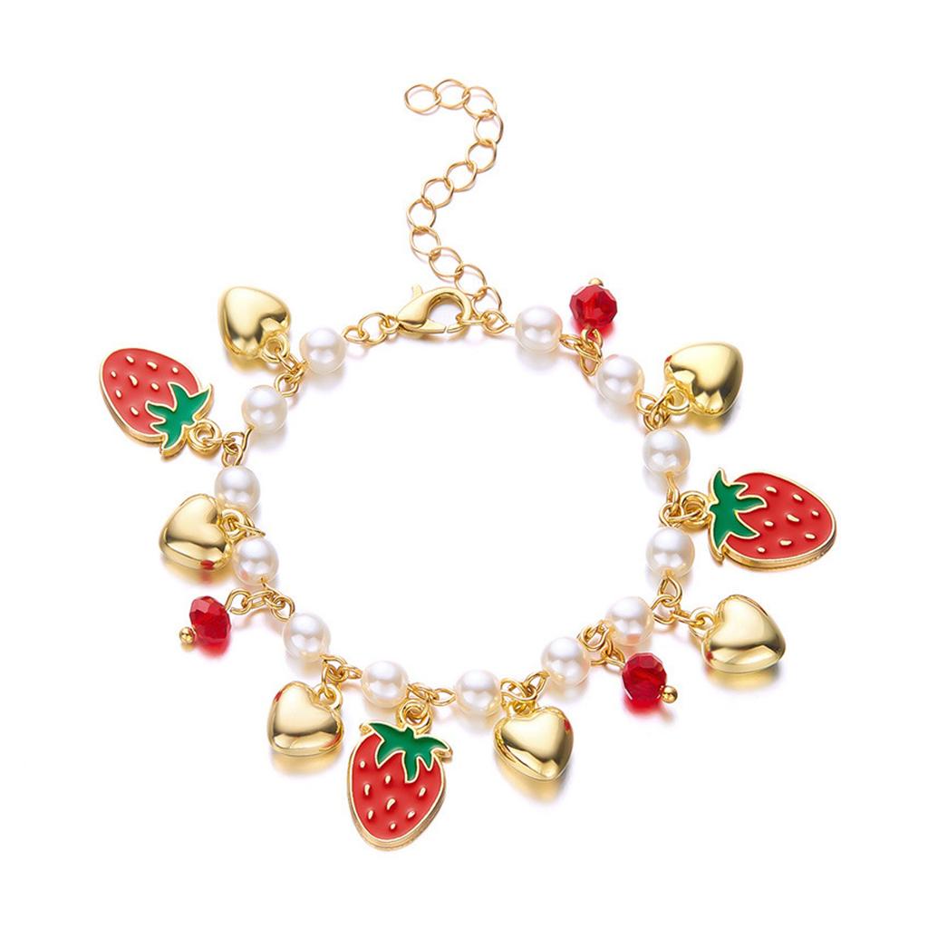 3D Strawberry Cherrys Heart Pearls Beaded Bracelet for Women Adjustable Lovely Vocation Fruit Jewelry Statement Pieces