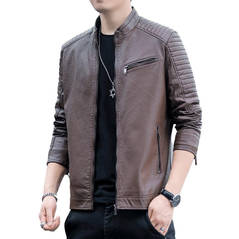Men's Fashionable and Handsome PU Leather Jacket Autumn and Winter New Slim Fitting Standing Collar Leather Jacket Trendy Motorcycle Suit