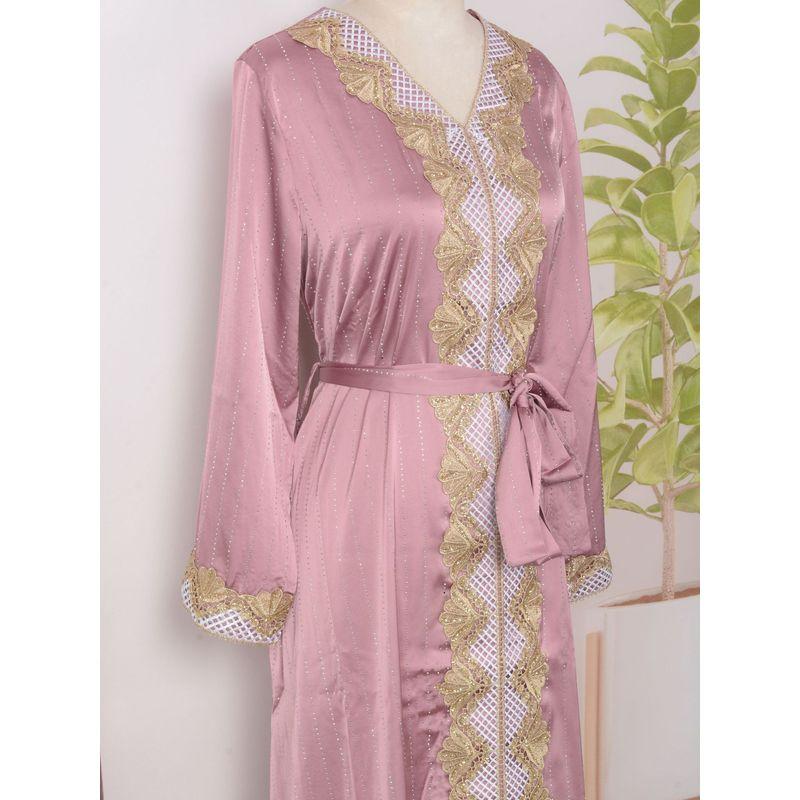 Middle East Robe Elegant New Women clothes Hot Drilling Long sleeve V-neck Big Hemline Lace Gold Thread Dress Insdresses