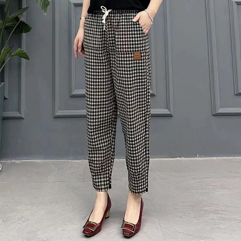 Women s Spring/Summer Checkered Harem Pants: Loose-Fit, Slimming, Cuffed, Bell-Bottom, Cropped, and Skinny Pants XS