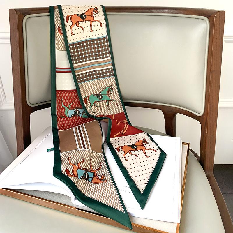 

Long Silk Bag Tie Neck Skinny Scarf Hairband Foulard Horse Print Brand Lady Neckerchief Ribbon 2026 Spring New 150x15cm