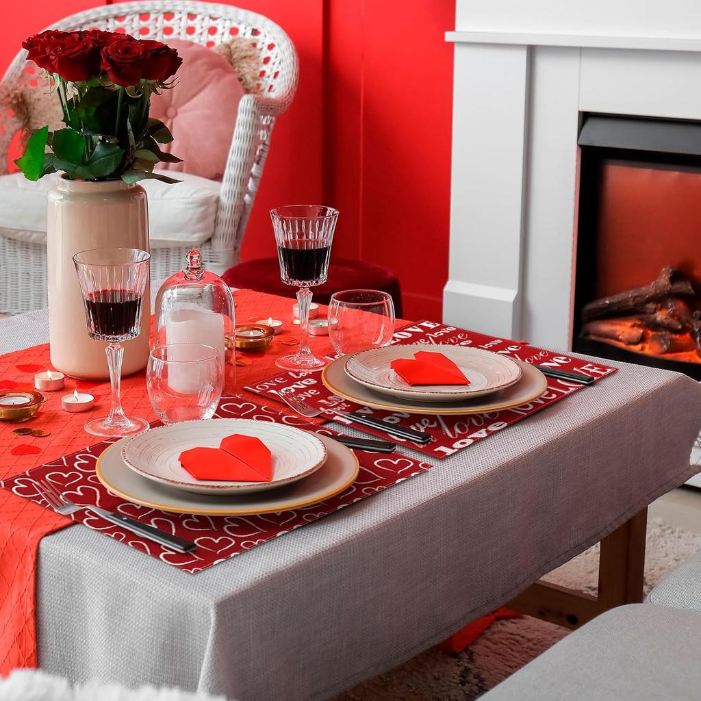 Red Love Valentine's Day Placemats Set of 6, Love Heart Seasonal Farmhouse 12 x 18 Inch Anniversary Wedding Holiday Table Mats for Dining Table Party