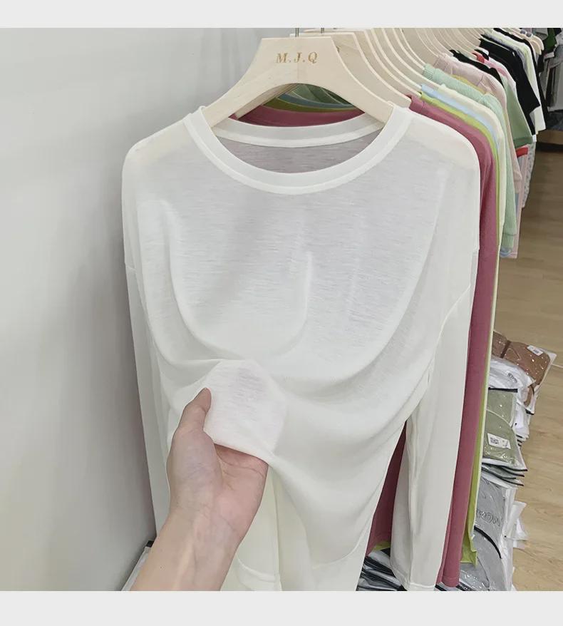 Women's Summer Ice Silk Long-Sleeve T-Shirt: Thin, Loose, Round Neck, Niche Sunscreen & Trendy Air Conditioning Top.