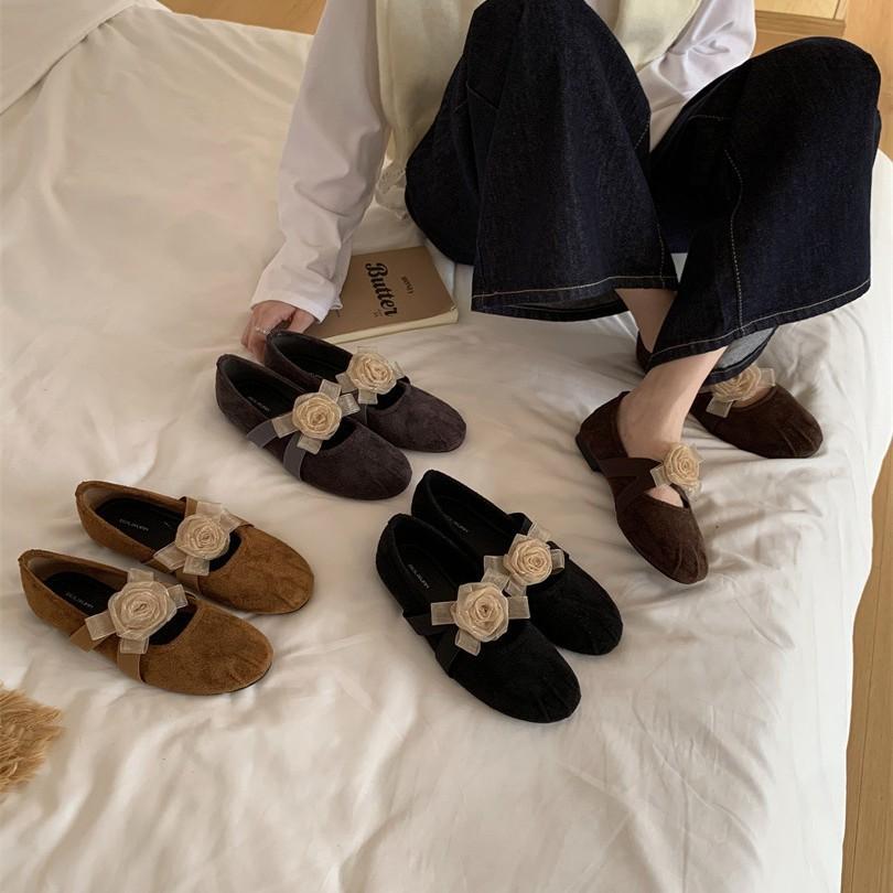 French Camellia Mary Jane Shoes Women's 2025 Spring and Autumn New Cross Flat Inner Height Increase Ballet Shallow Mouth Single Shoes