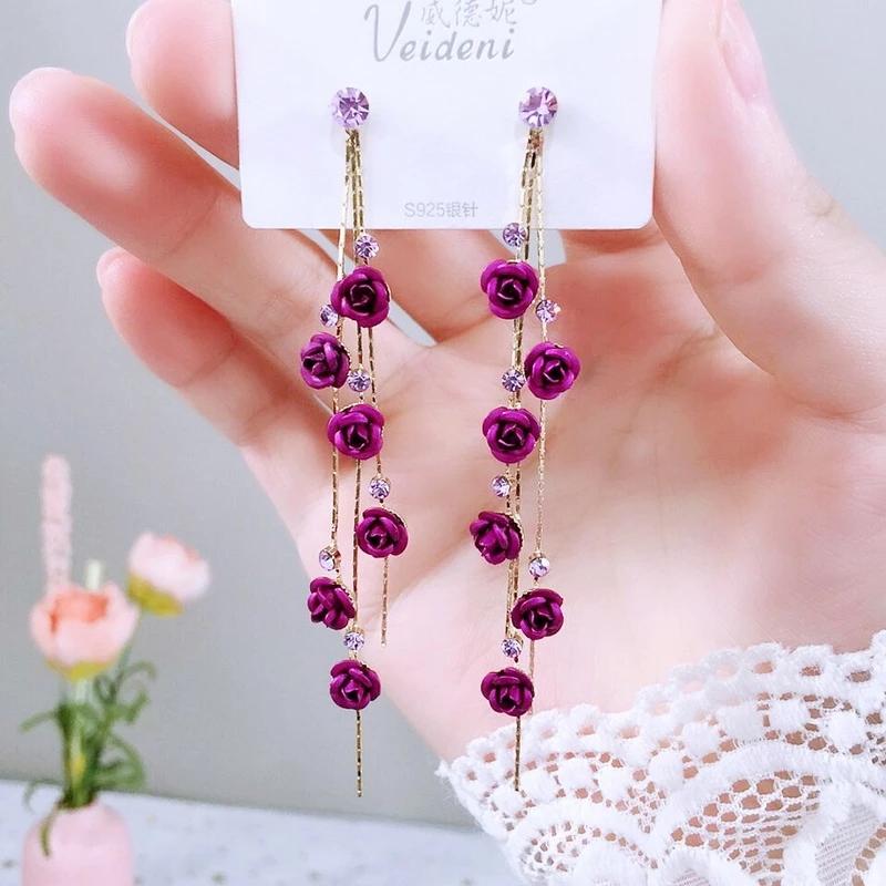 Elegant Rose Flower Long Tassel Earrings For Women Shiny Colorful Rhinestone Dangle Earring Wedding Party Engagement Jewelry