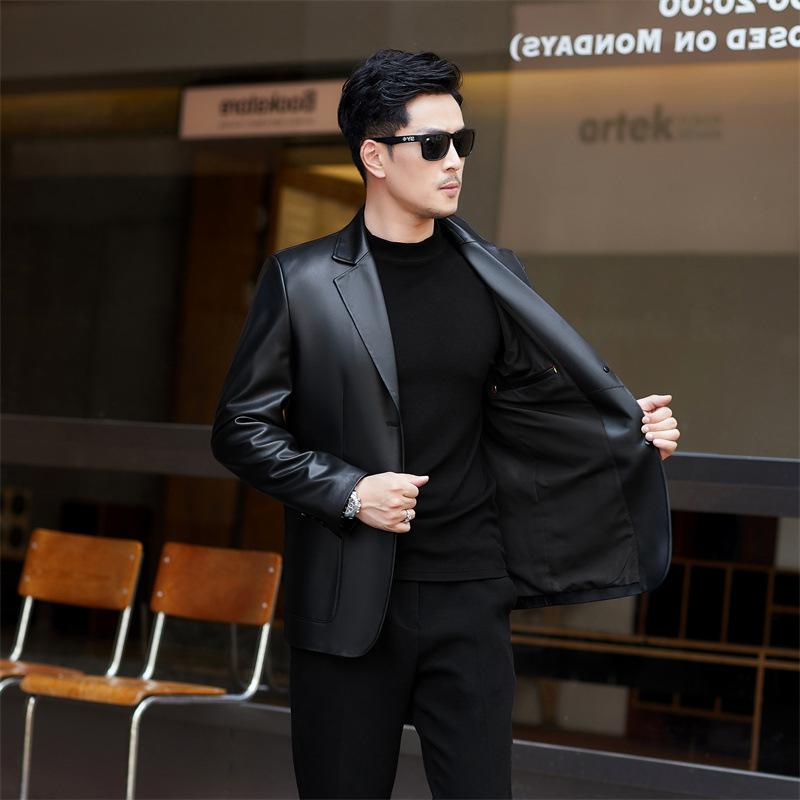 Leather leather jacket men's sheepskin slim handsome suit locomotive light luxury autumn and winter men's suit