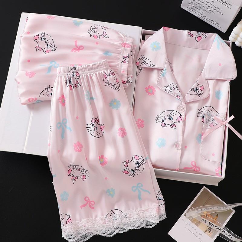 Girls Ice Silk 3-Piece Pajama Set Short Sleeve Sleepwear Kids 8 Years Cartoon Print Lightweight Air-Conditioning Suit