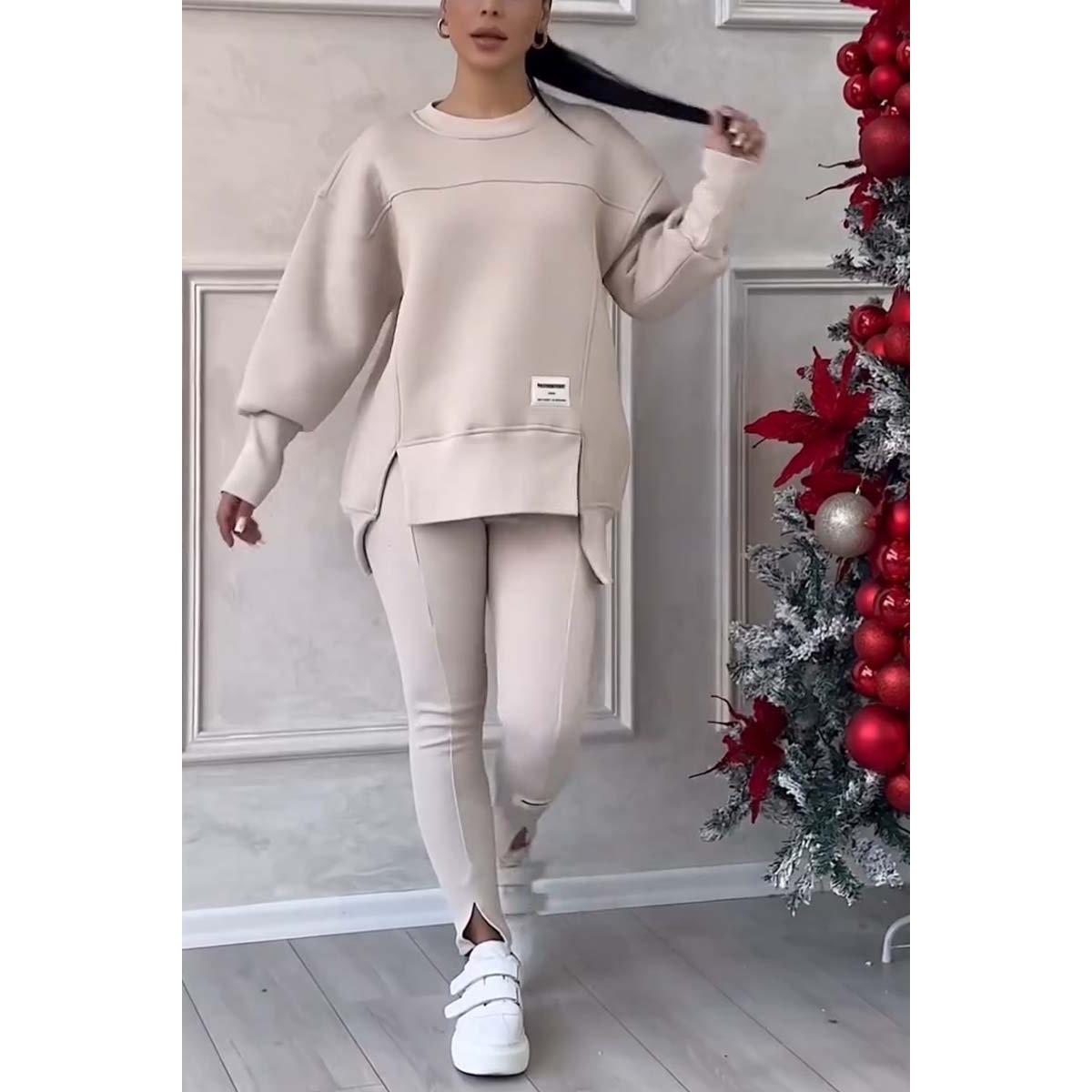 Women s Crew Neck Irregular Split Hem Long Sleeve Sweatshirt + Elastic Waist Split Hem Leggings Two Piece Tracksuit Set S