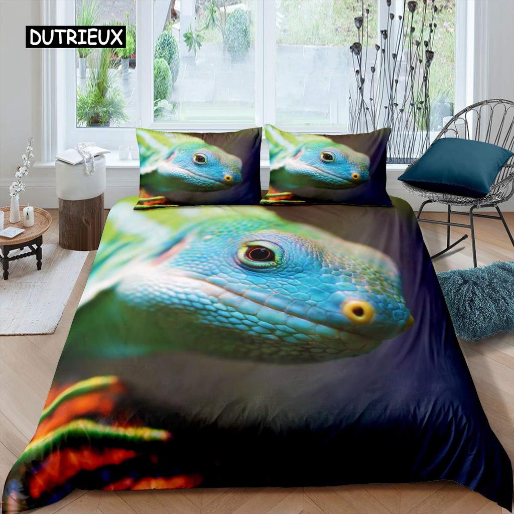 Chameleon Duvet Cover Set 3D Wild Animal Theme Twin Bedding Set Wildlife Comforter Cover Boys Green Leaf Polyester Quilt Cover