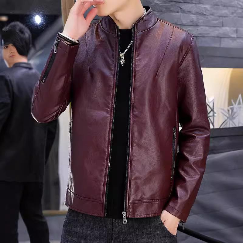 Off-season strict selection of men's PU leather jacket, spring and autumn Korean trend velvet thickened handsome locomotive leather jacket men's cloth