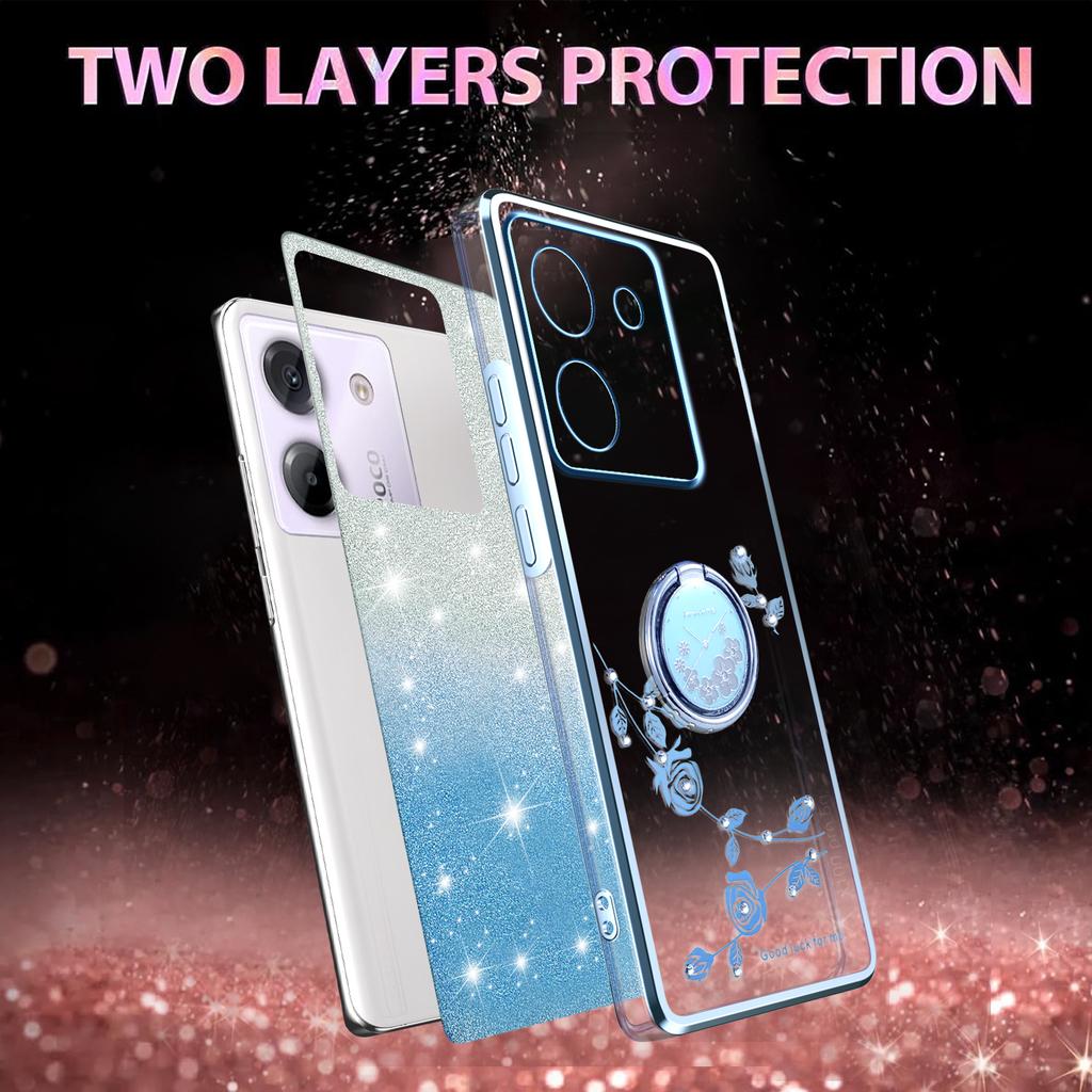 KADEM For Xiaomi Poco M7 Pro 5G Case Ring Kickstand TPU Flowers Phone Cover Gradient Glitter