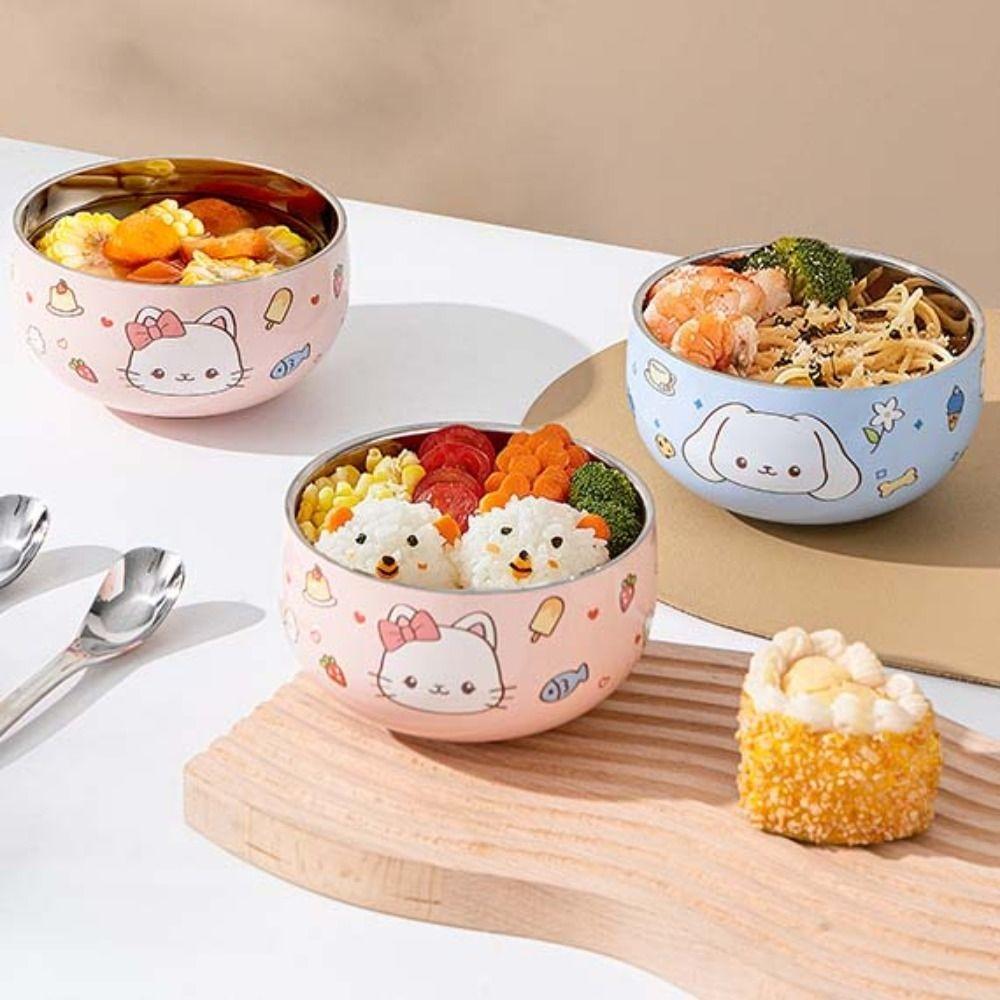 Cartoon Pattern Ramen Bowl Double Layer Rice Bowl Kawaii Stainless Steel Children's Bowl  Soup