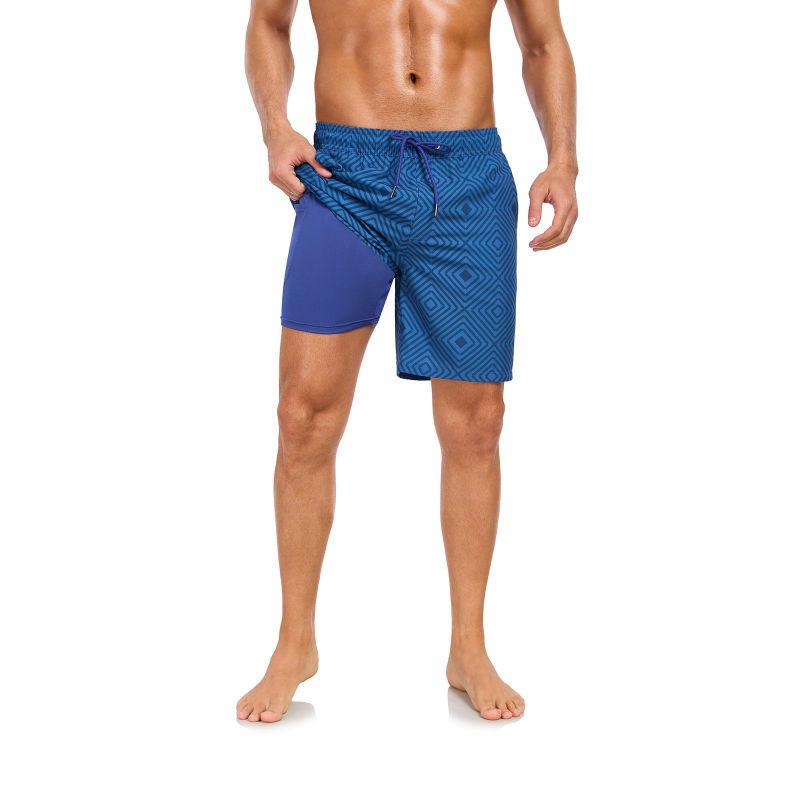 Men's Double-Layer Printed Beach Shorts Drawstring Swim Trunks