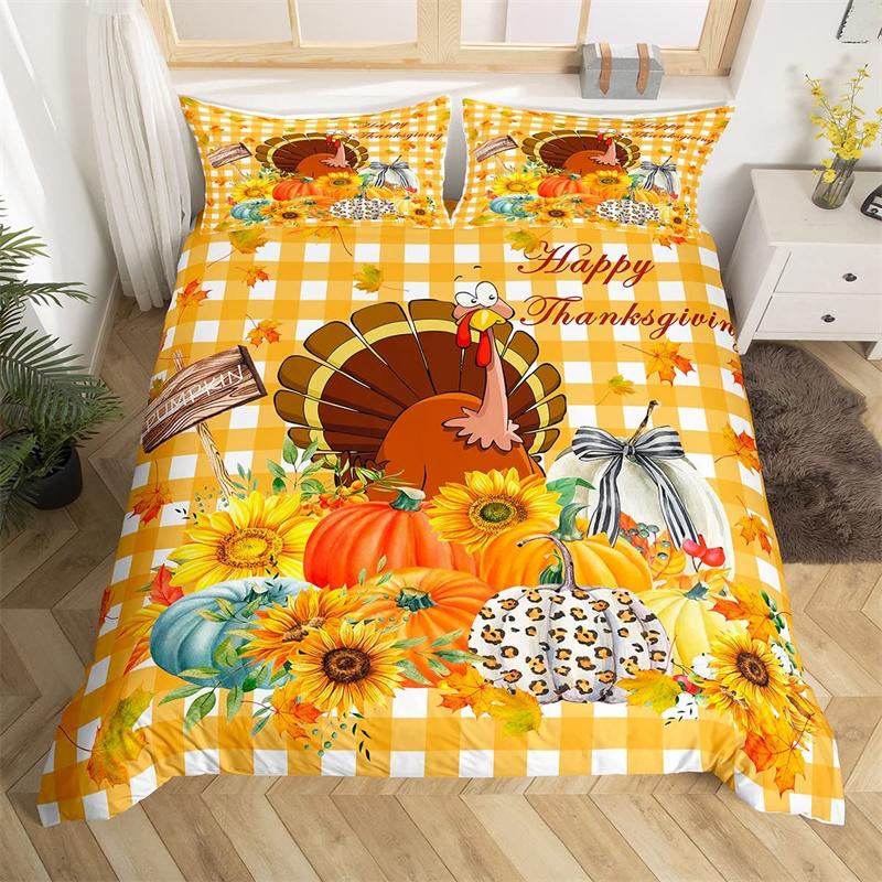 Happy Thanksgiving Duvet Cover Fall Maple Leaf Bedding Set Microfiber Gnome Gold Pumpkin Farm Harvest Comforter Cover King Size