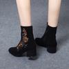 Women's Autumn and Winter New Black Matte Sheepskin Embroidered Fashion Boots Round Head Middle Heel Comfortable Thin Boots
