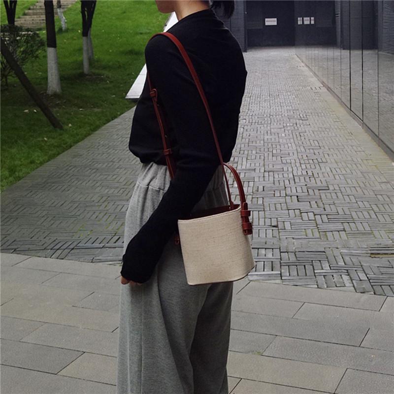South Korea Dongdaemun new ins summer new canvas leather bucket bag contrasting small bag shoulder messenger women's bag
