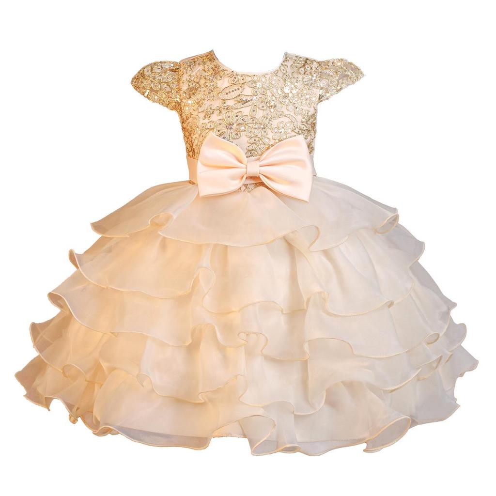 Girls' Puffy Organza Dress with Bow and Embroidery