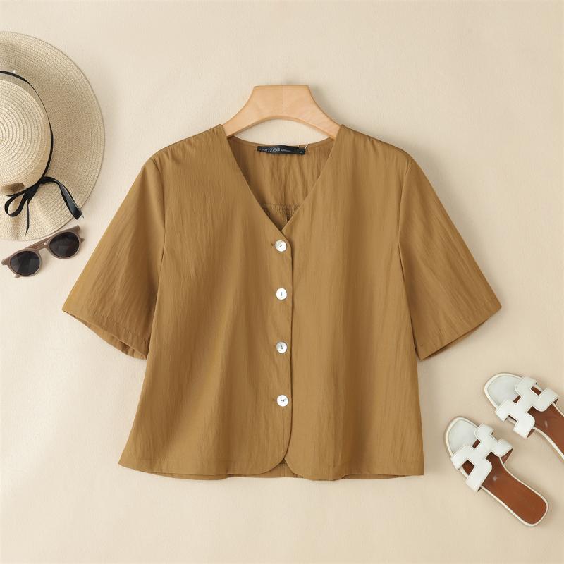 

ZANZEA Women Button V-Neck Casual Short Sleeve Blouse 4XL хаки