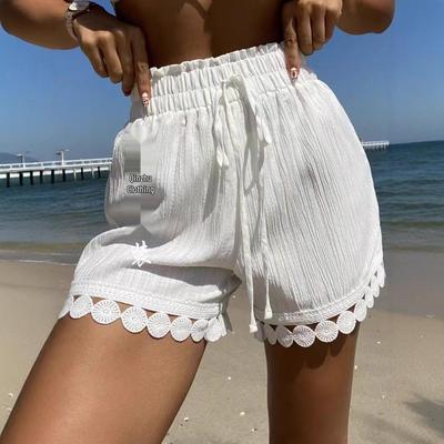 Shorts Casuales de Playa para Mujer con Adorno de Encaje Europeo y Americano, Atados, 2025