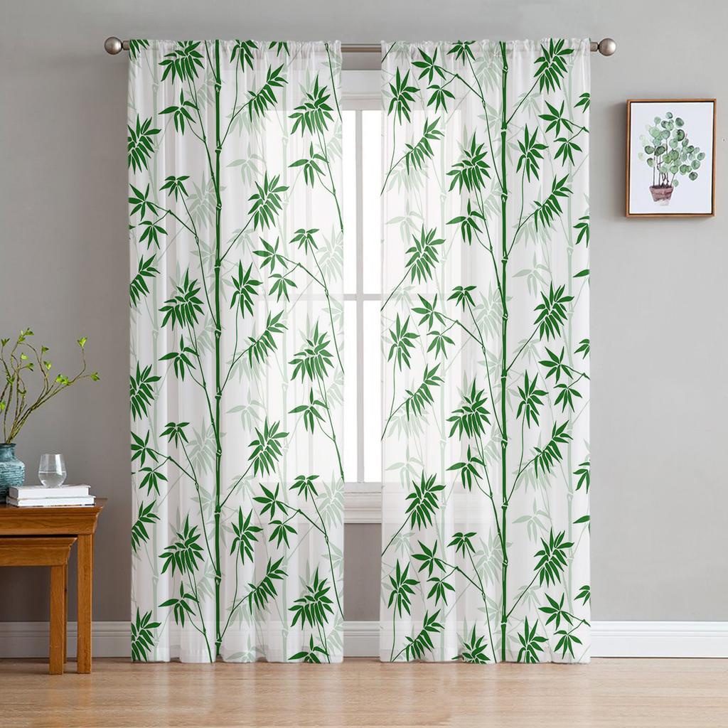 Bambusově zelené bílé rostlinné tylové průsvitné záclony v čínském stylu pro dekoraci obývacího pokoje, ložnice, kuchyně, voálové organzové záclony
