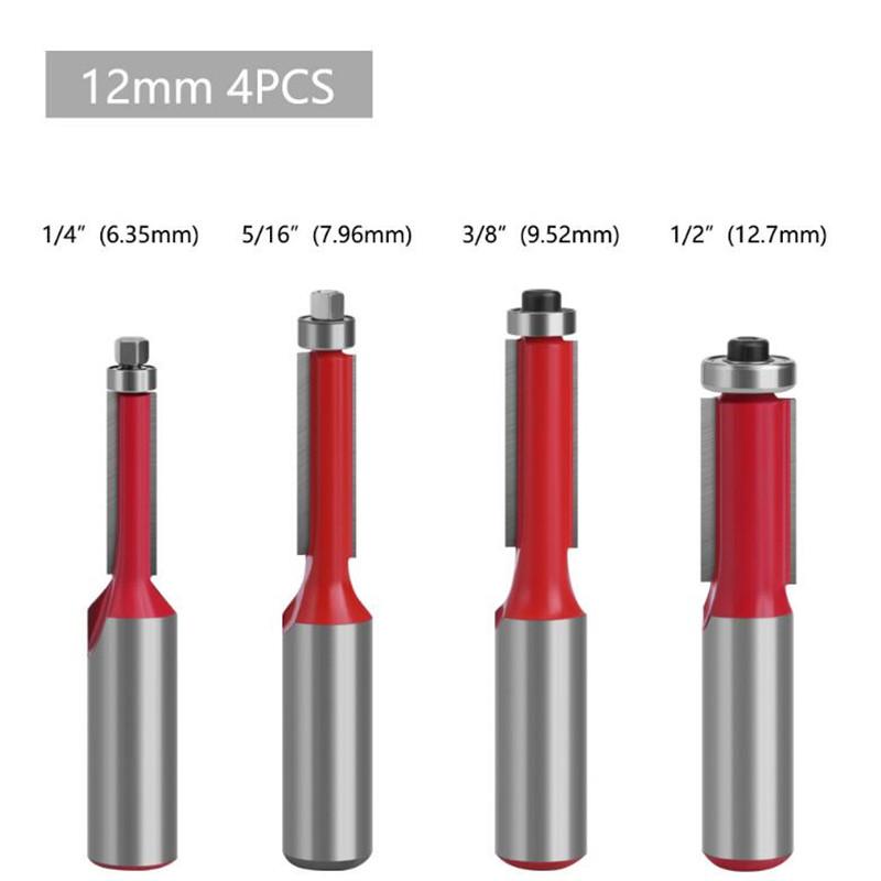 1/4 stk 1/2 tommer 12 mm skaft ende Dobbel fløyter Kulelager Flush Router Bit Rett skaft Trim Trefreser for trebearbeiding