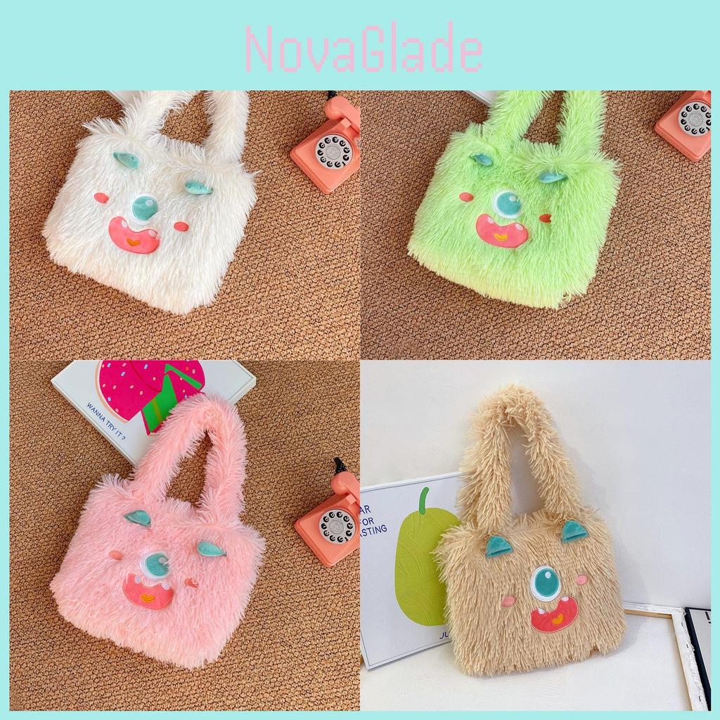 Cute Cartoon Monster Plush Tote Bag With Zipper Closure For Daily Use Student Girls