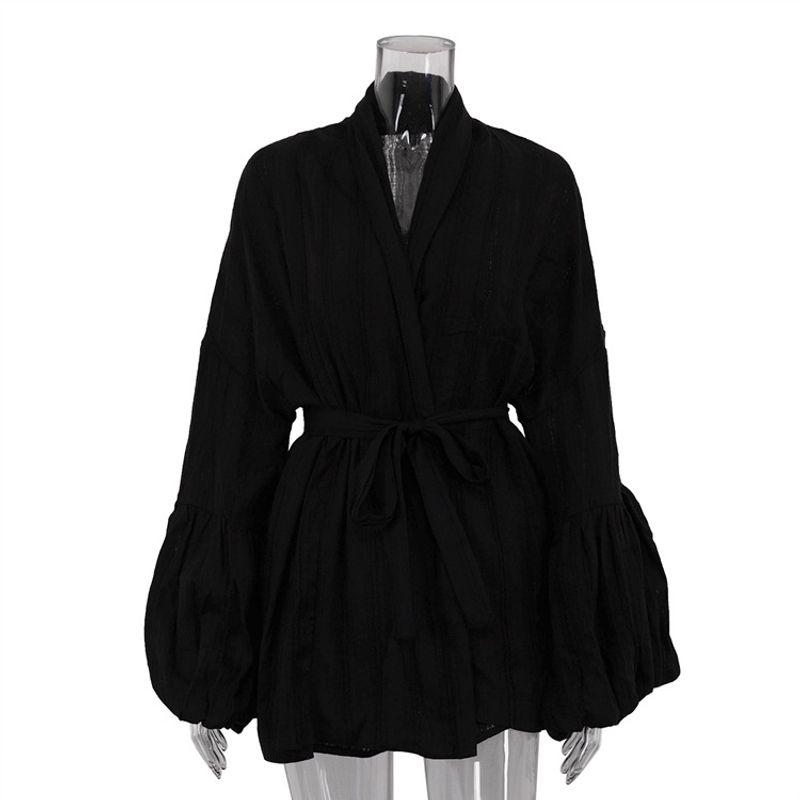 

Solid Color Long Sleeve Lace up Top Women Solid Long sleeve Cardigan Lace up Top Black L