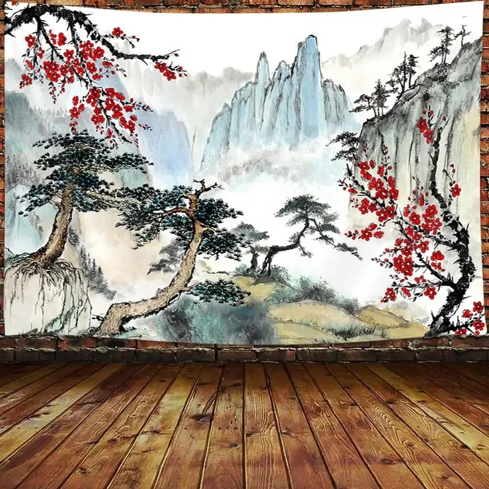 Japanese Mountains And Cherry Blossom Tapestry Sakura Village Aesthetic Art Bedroom Wall Hanging Anime Landscape Tapestry