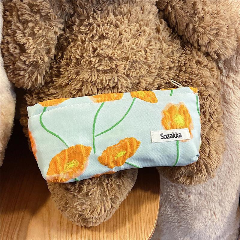 

Japanese Fresh And Simple Pen Pouch Canvas Makeup Bag With Street Style Small Size Floral Pattern Orange