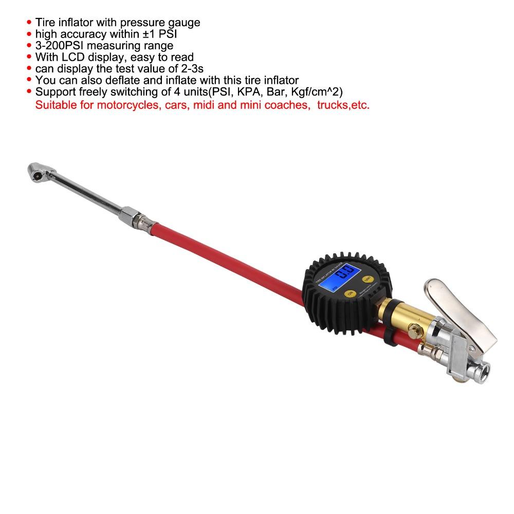 LCD Display Digital Tire Inflator 3-200PSI Range Digital Pressure Gauge  Tire Maintenance